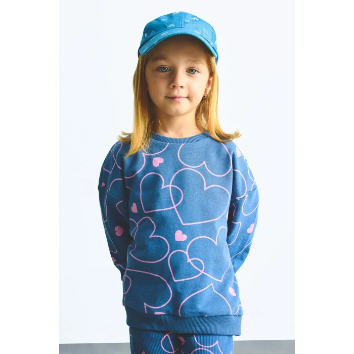 Defacto I3663A5BE341 Mavi Kalp Desenli Bisiklet Yaka Sweatshirt Esnek Belli İspanyol Paça Alt 2li Takım Kız Bebek
