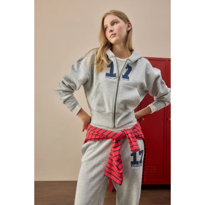 Defacto H4218AXGR110 Gri Fıtted Kapüşonlu Kalın Kumaş Fermuarlı İşlemeli Sweatshirt Hırka