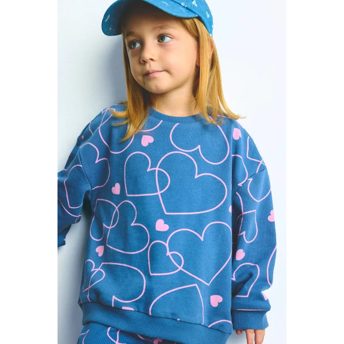 Defacto I3663A5BE341 Mavi Kalp Desenli Bisiklet Yaka Sweatshirt Esnek Belli İspanyol Paça Alt 2li Takım Kız Bebek