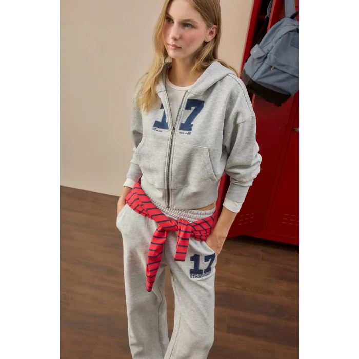 Defacto H4218AXGR110 Gri Fıtted Kapüşonlu Kalın Kumaş Fermuarlı İşlemeli Sweatshirt Hırka