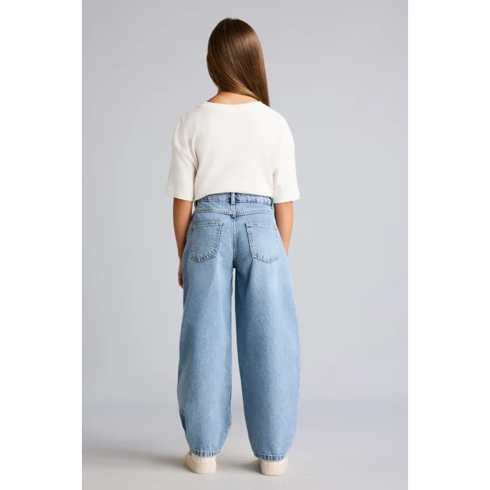 Defacto H8895A8NM28 Mavi %100 Pamuk Pens Detaylı Cepli Baggy Fit Jean Pantolon Kız Çocuk