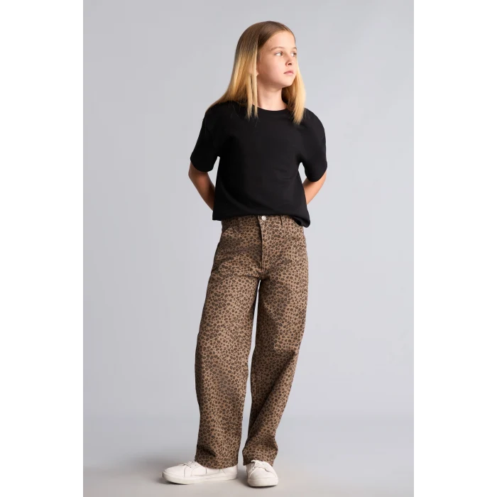 Defacto I1701A8BN335 Kahve Leopar Desenli Baggy Fit Esnek Bantlı Paça Gabardin Pantolon Kız Çocuk