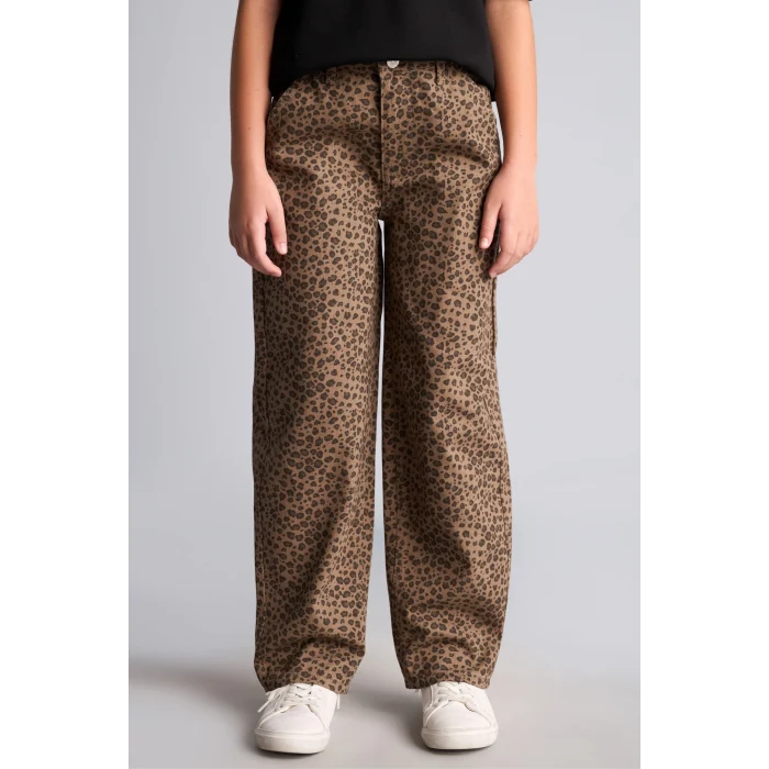 Defacto I1701A8BN335 Kahve Leopar Desenli Baggy Fit Esnek Bantlı Paça Gabardin Pantolon Kız Çocuk