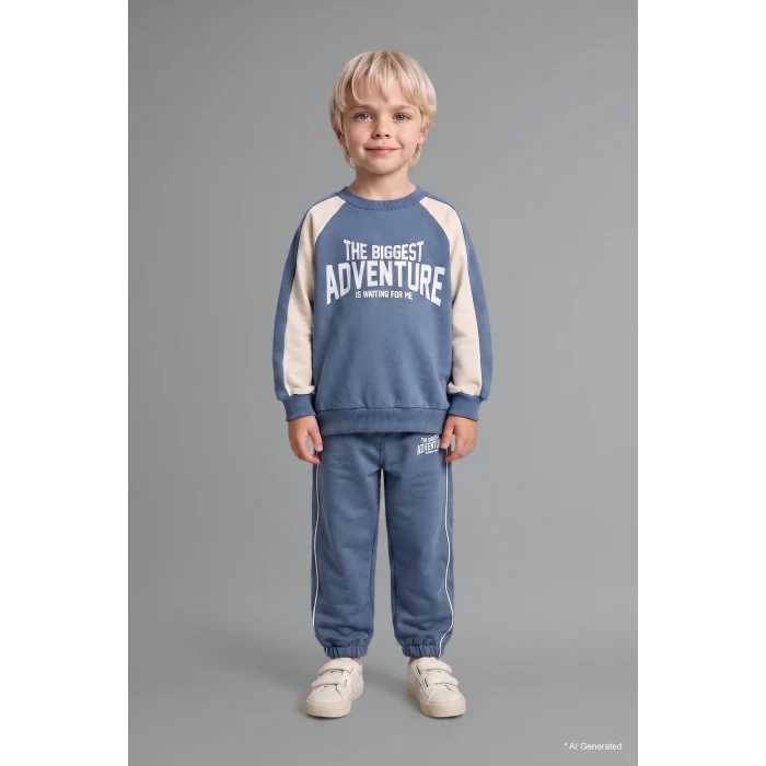 Defacto I0274A5BE739 Mavi %100 Pamuk Baskılı Sweatshirt Üst Elastik Bel Alt 2li Takım Erkek Bebek