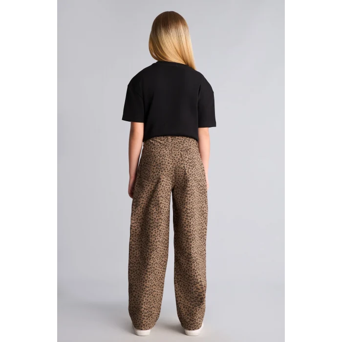 Defacto I1701A8BN335 Kahve Leopar Desenli Baggy Fit Esnek Bantlı Paça Gabardin Pantolon Kız Çocuk