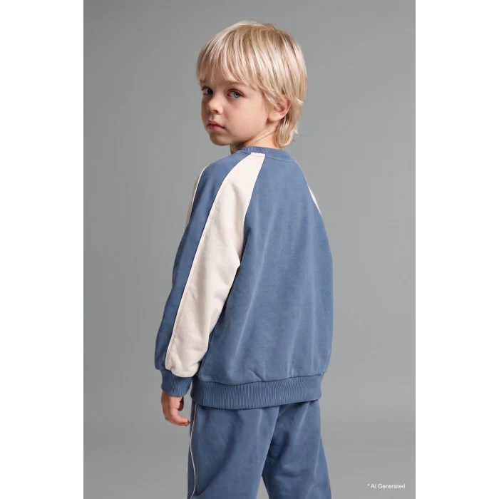 Defacto I0274A5BE739 Mavi %100 Pamuk Baskılı Sweatshirt Üst Elastik Bel Alt 2li Takım Erkek Bebek