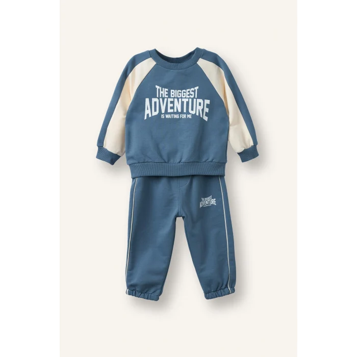 Defacto I0274A5BE739 Mavi %100 Pamuk Baskılı Sweatshirt Üst Elastik Bel Alt 2li Takım Erkek Bebek