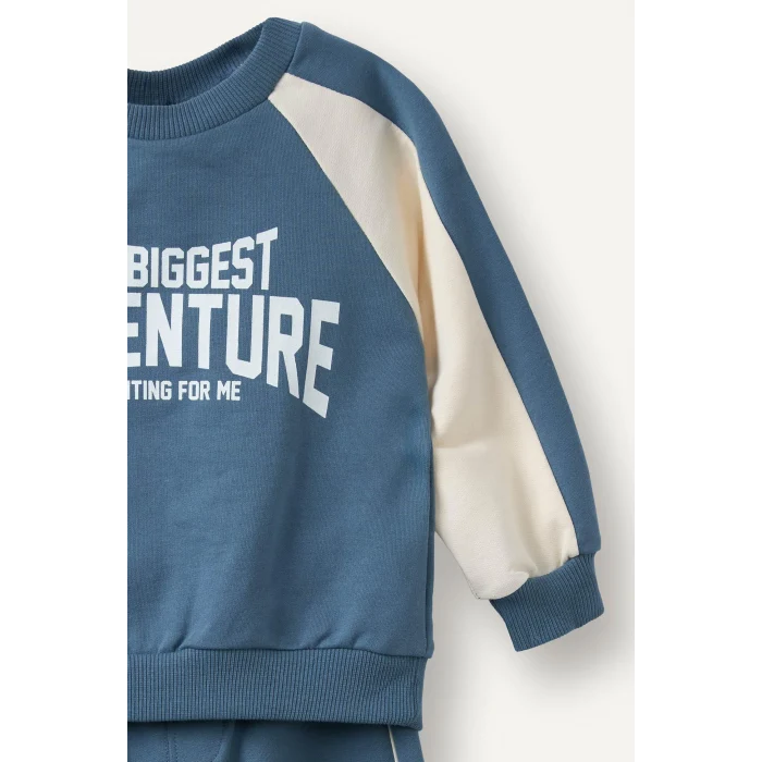 Defacto I0274A5BE739 Mavi %100 Pamuk Baskılı Sweatshirt Üst Elastik Bel Alt 2li Takım Erkek Bebek