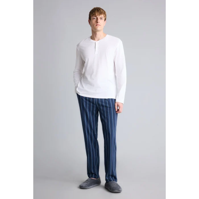 Defacto H7607AXWT34 Beyaz %100 Pamuk New Regular Fit Uzun Kollu Düğme Detaylı Üst Çizgili Alt 2li Pijama Takımı