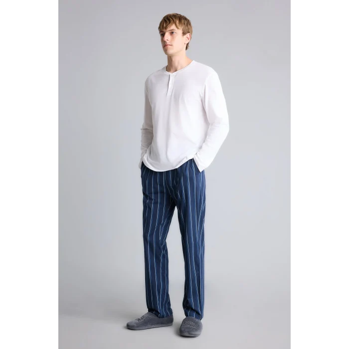 Defacto H7607AXWT34 Beyaz %100 Pamuk New Regular Fit Uzun Kollu Düğme Detaylı Üst Çizgili Alt 2li Pijama Takımı