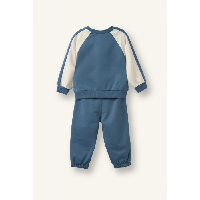 Defacto I0274A5BE739 Mavi %100 Pamuk Baskılı Sweatshirt Üst Elastik Bel Alt 2li Takım Erkek Bebek