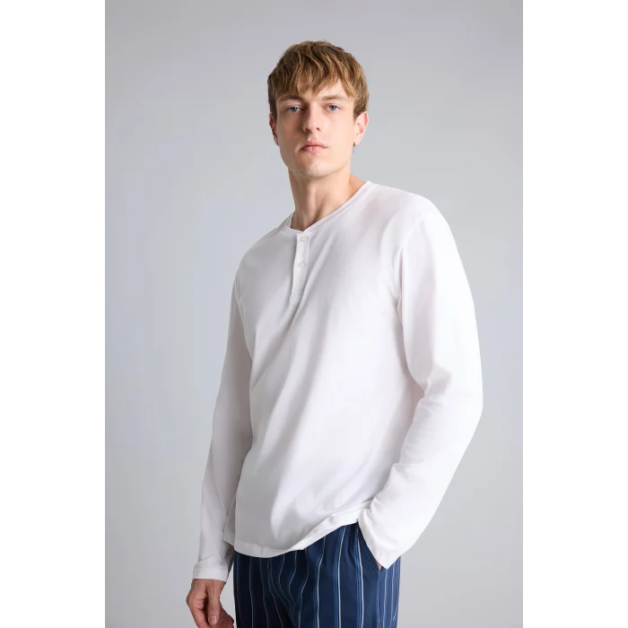 Defacto H7607AXWT34 Beyaz %100 Pamuk New Regular Fit Uzun Kollu Düğme Detaylı Üst Çizgili Alt 2li Pijama Takımı