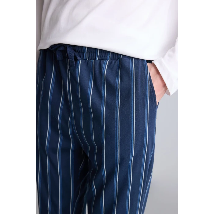 Defacto H7607AXWT34 Beyaz %100 Pamuk New Regular Fit Uzun Kollu Düğme Detaylı Üst Çizgili Alt 2li Pijama Takımı