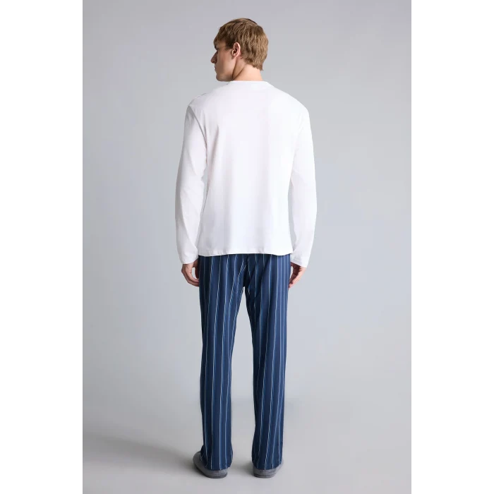 Defacto H7607AXWT34 Beyaz %100 Pamuk New Regular Fit Uzun Kollu Düğme Detaylı Üst Çizgili Alt 2li Pijama Takımı
