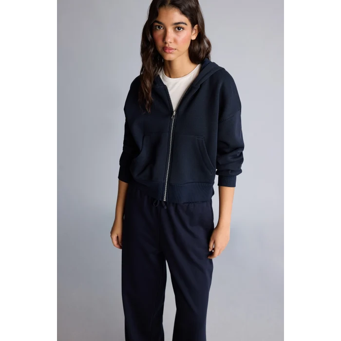 Defacto I2412AXNV248 Lacivert Regular Fıt Kapüşonlu Kalın Fermuarlı Lacivert Basic Sweatshirt
