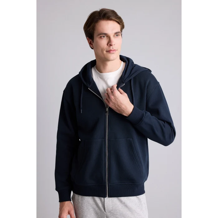 Defacto D7599AXNV64 Lacivert Relax Fit Kapüşonlu İçi Yumuşak Tüylü Kanguru Cepli Fermuarlı Sweatshirt