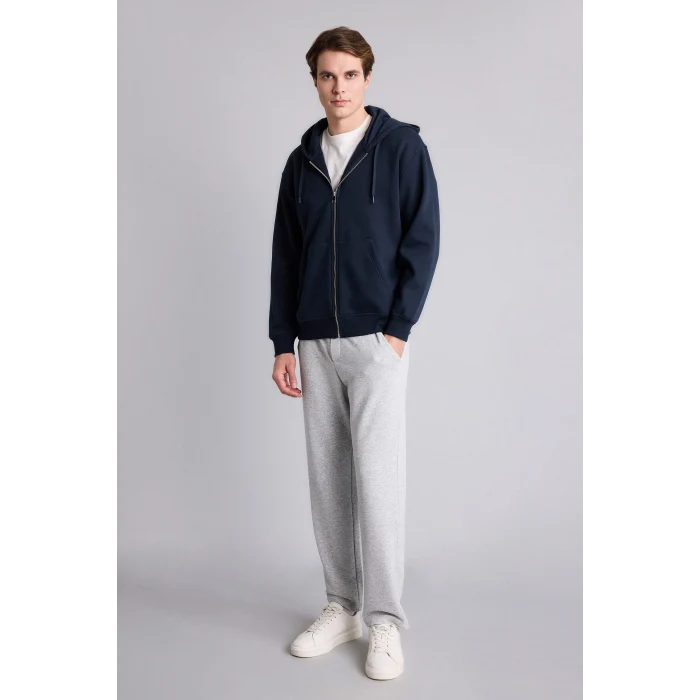 Defacto D7599AXNV64 Lacivert Relax Fit Kapüşonlu İçi Yumuşak Tüylü Kanguru Cepli Fermuarlı Sweatshirt