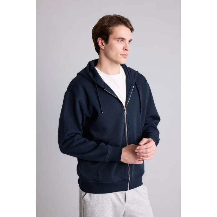 Defacto D7599AXNV64 Lacivert Relax Fit Kapüşonlu İçi Yumuşak Tüylü Kanguru Cepli Fermuarlı Sweatshirt