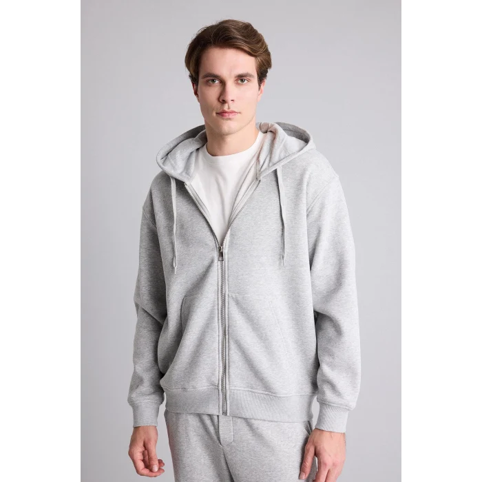 Defacto D7599AXGR210 Gri Relax Fıt Kapüşonlu İçi Yumuşak Tüylü Kalın Kumaş Fermuarlı Sweatshirt