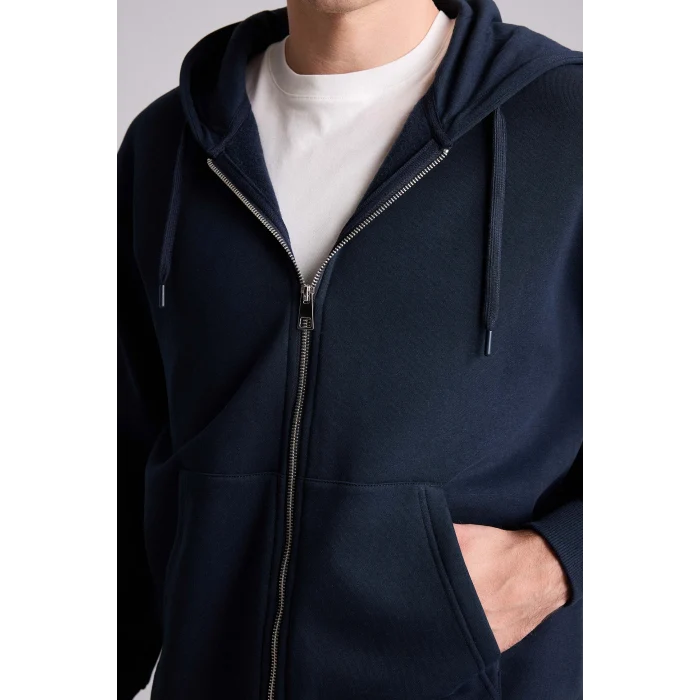Defacto D7599AXNV64 Lacivert Relax Fit Kapüşonlu İçi Yumuşak Tüylü Kanguru Cepli Fermuarlı Sweatshirt
