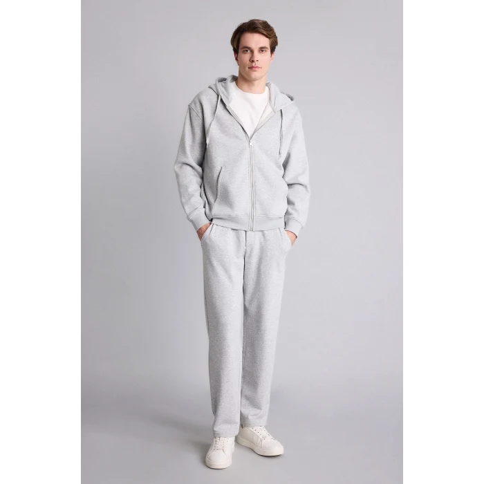 Defacto D7599AXGR210 Gri Relax Fıt Kapüşonlu İçi Yumuşak Tüylü Kalın Kumaş Fermuarlı Sweatshirt