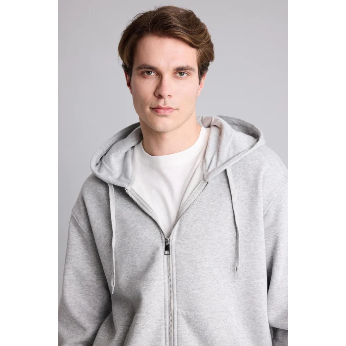 Defacto D7599AXGR210 Gri Relax Fıt Kapüşonlu İçi Yumuşak Tüylü Kalın Kumaş Fermuarlı Sweatshirt