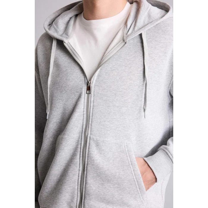 Defacto D7599AXGR210 Gri Relax Fıt Kapüşonlu İçi Yumuşak Tüylü Kalın Kumaş Fermuarlı Sweatshirt