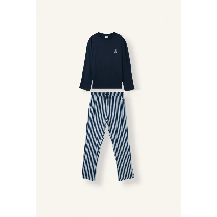 Defacto H9320AXNV135 Lacivert %100 Pamuk Regular Fit Bisiklet Yaka Uzun Kollu Baskılı Üst Çizgili Alt Pijama Takımı