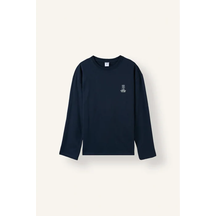 Defacto H9320AXNV135 Lacivert %100 Pamuk Regular Fit Bisiklet Yaka Uzun Kollu Baskılı Üst Çizgili Alt Pijama Takımı