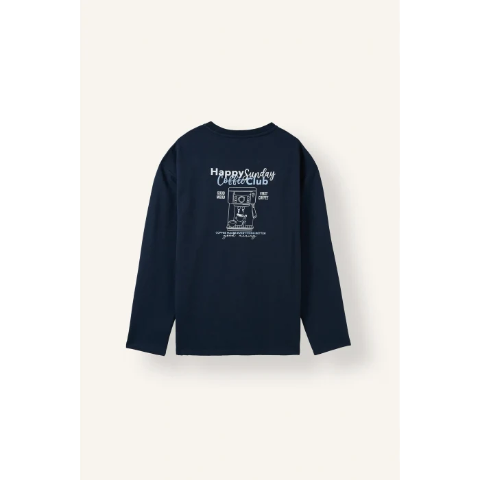 Defacto H9320AXNV135 Lacivert %100 Pamuk Regular Fit Bisiklet Yaka Uzun Kollu Baskılı Üst Çizgili Alt Pijama Takımı