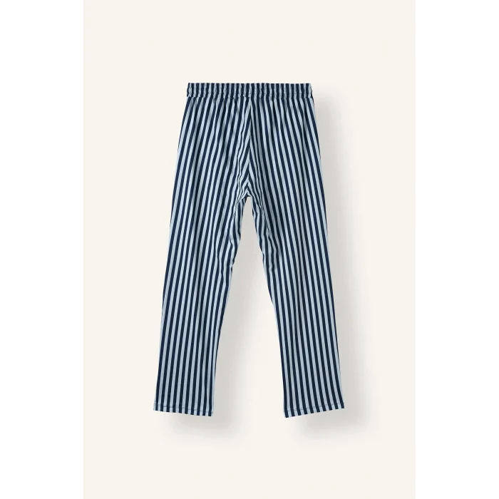 Defacto H9320AXNV135 Lacivert %100 Pamuk Regular Fit Bisiklet Yaka Uzun Kollu Baskılı Üst Çizgili Alt Pijama Takımı
