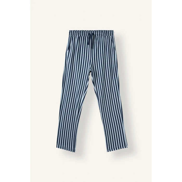 Defacto H9320AXNV135 Lacivert %100 Pamuk Regular Fit Bisiklet Yaka Uzun Kollu Baskılı Üst Çizgili Alt Pijama Takımı