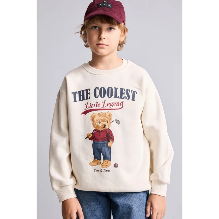 Defacto I3298A8BG734 Bej Oversize Bisiklet Yaka Ayıcık Figürlü Baskılı Uzun Kollu Sweatshirt Erkek Çocuk