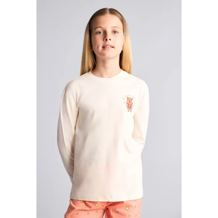 Defacto I2286A8ER233 Ekru Bisiklet Yaka Uzun Kollu Baskılı Regular Fit 2li Pijama Takımı Kız Çocuk