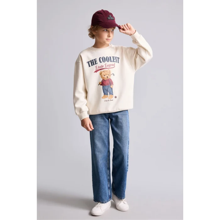 Defacto I3298A8BG734 Bej Oversize Bisiklet Yaka Ayıcık Figürlü Baskılı Uzun Kollu Sweatshirt Erkek Çocuk