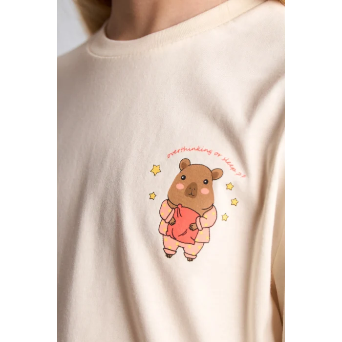 Defacto I2286A8ER233 Ekru Bisiklet Yaka Uzun Kollu Baskılı Regular Fit 2li Pijama Takımı Kız Çocuk