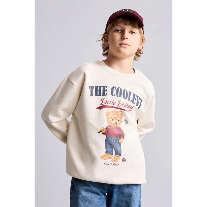 Defacto I3298A8BG734 Bej Oversize Bisiklet Yaka Ayıcık Figürlü Baskılı Uzun Kollu Sweatshirt Erkek Çocuk