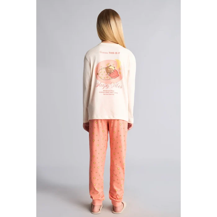 Defacto I2286A8ER233 Ekru Bisiklet Yaka Uzun Kollu Baskılı Regular Fit 2li Pijama Takımı Kız Çocuk