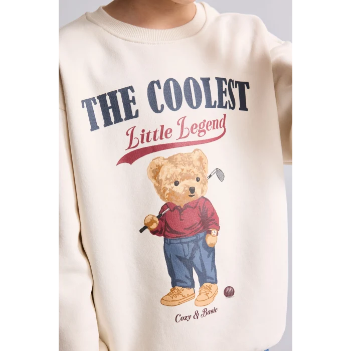 Defacto I3298A8BG734 Bej Oversize Bisiklet Yaka Ayıcık Figürlü Baskılı Uzun Kollu Sweatshirt Erkek Çocuk