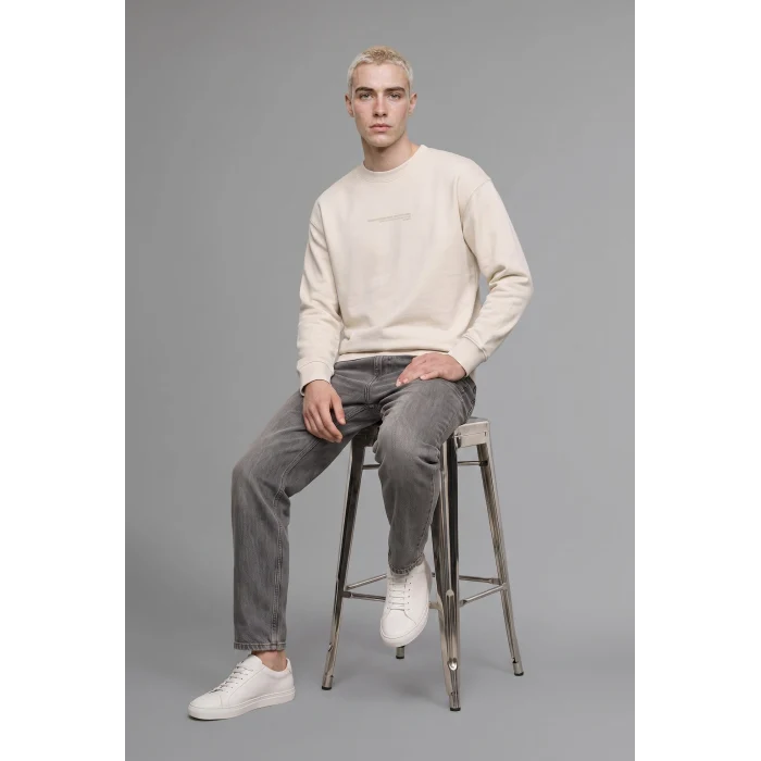 Defacto X8282AZBG672 Bej Boxy Fit Uzun Kollu Pamuklu Bisiklet Yaka İçi Yumuşak Tüylü Baskılı Sweatshirt