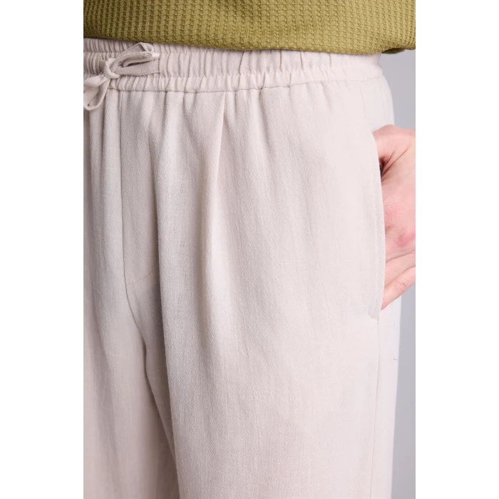 Defacto E4790AXER22 Ekru Relax Fit Keten Görünümlü Beli Bağcıklı Lastikli Cepli Pantolon