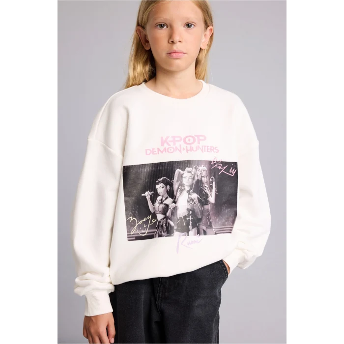 Defacto I3553A8ER105 Ekru Kpop - Demon Hunters Relax Fit Baskılı Bisiklet Yaka Sweatshirt Kız Çocuk
