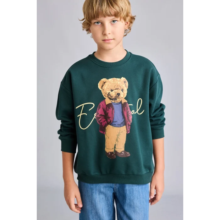 Defacto I3299A8GN536 Yeşil Oversize Bisiklet Yaka Ayıcık Figürlü Baskılı Uzun Kollu Sweatshirt Erkek Çocuk
