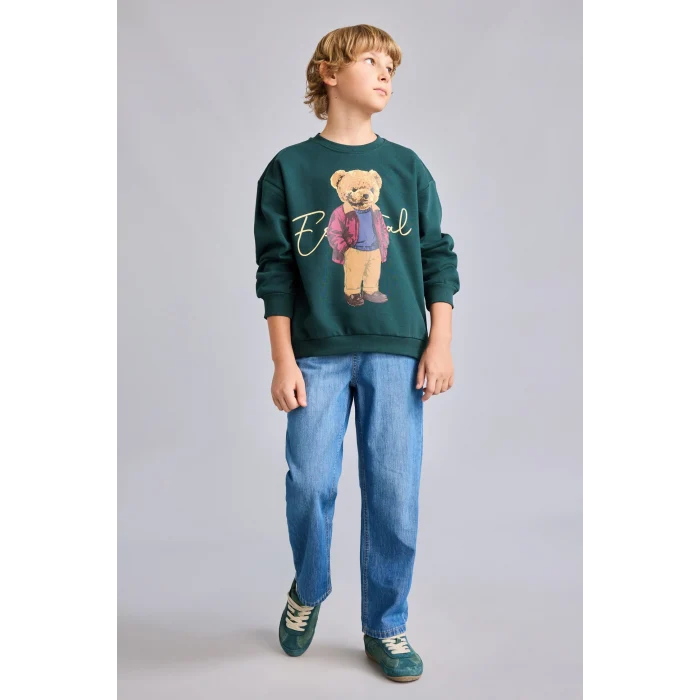 Defacto I3299A8GN536 Yeşil Oversize Bisiklet Yaka Ayıcık Figürlü Baskılı Uzun Kollu Sweatshirt Erkek Çocuk