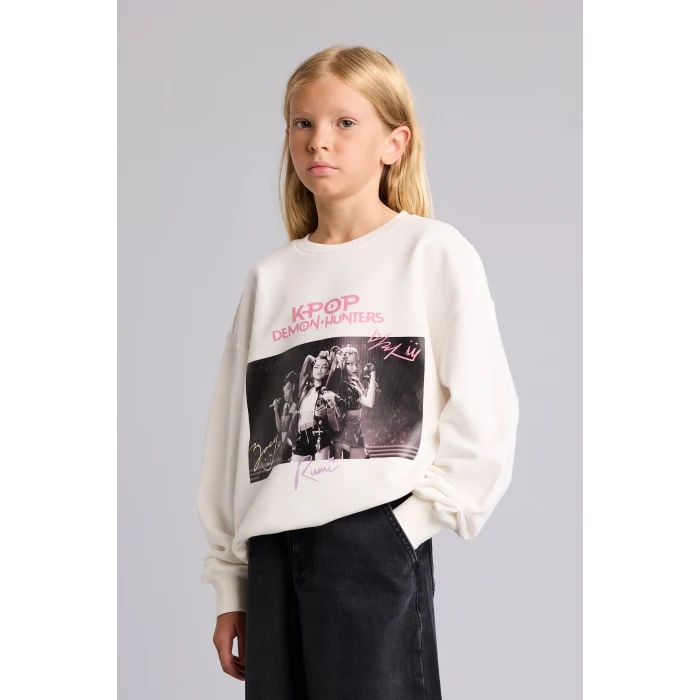 Defacto I3553A8ER105 Ekru Kpop - Demon Hunters Relax Fit Baskılı Bisiklet Yaka Sweatshirt Kız Çocuk