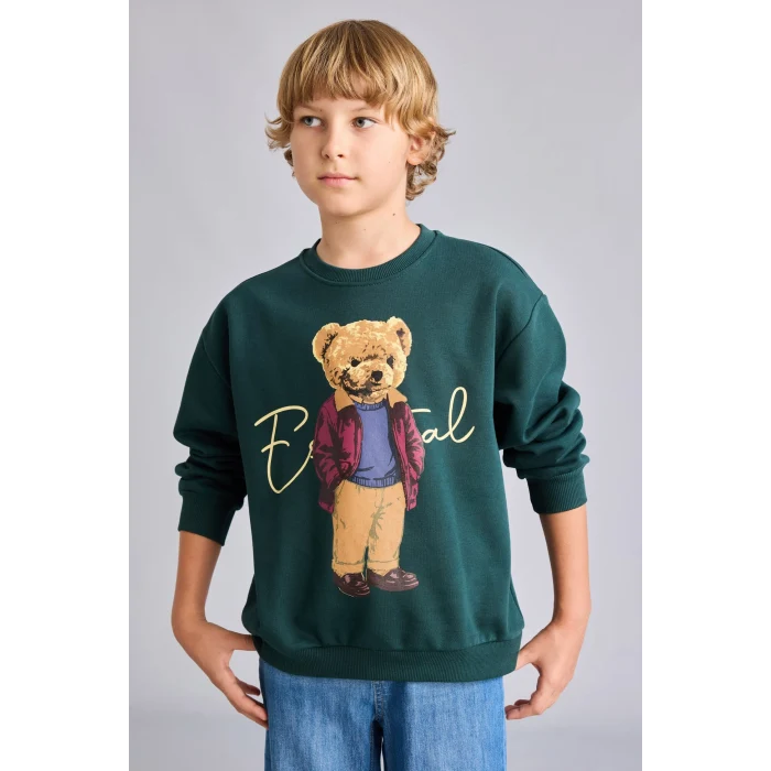 Defacto I3299A8GN536 Yeşil Oversize Bisiklet Yaka Ayıcık Figürlü Baskılı Uzun Kollu Sweatshirt Erkek Çocuk