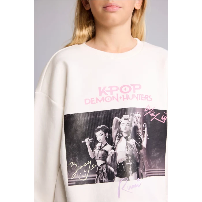 Defacto I3553A8ER105 Ekru Kpop - Demon Hunters Relax Fit Baskılı Bisiklet Yaka Sweatshirt Kız Çocuk