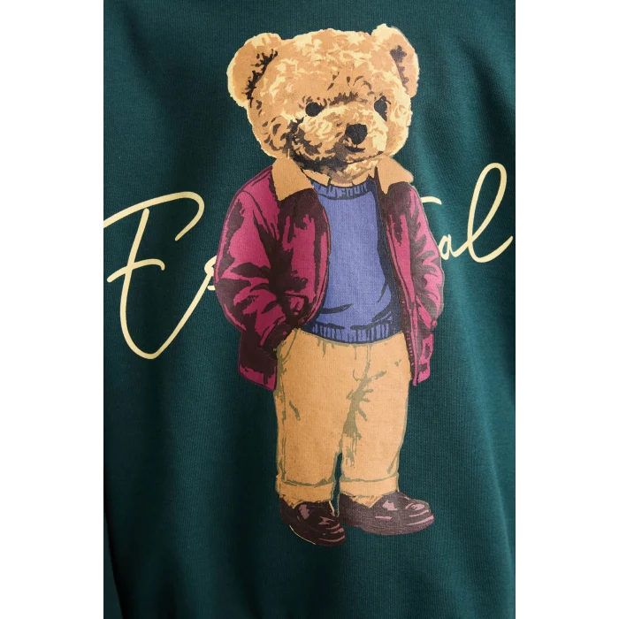 Defacto I3299A8GN536 Yeşil Oversize Bisiklet Yaka Ayıcık Figürlü Baskılı Uzun Kollu Sweatshirt Erkek Çocuk