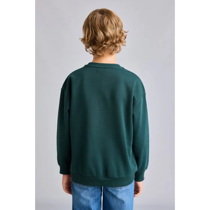Defacto I3299A8GN536 Yeşil Oversize Bisiklet Yaka Ayıcık Figürlü Baskılı Uzun Kollu Sweatshirt Erkek Çocuk