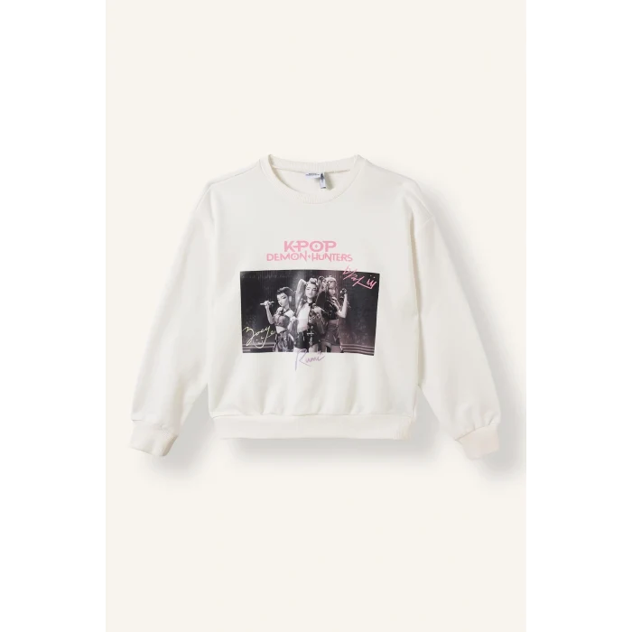 Defacto I3553A8ER105 Ekru Kpop - Demon Hunters Relax Fit Baskılı Bisiklet Yaka Sweatshirt Kız Çocuk
